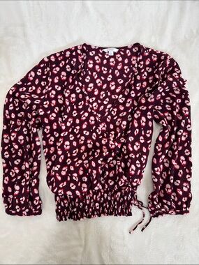 Candies blouse size L Wrap Front Long-Sleeve Top in Burgundy Leopard Print